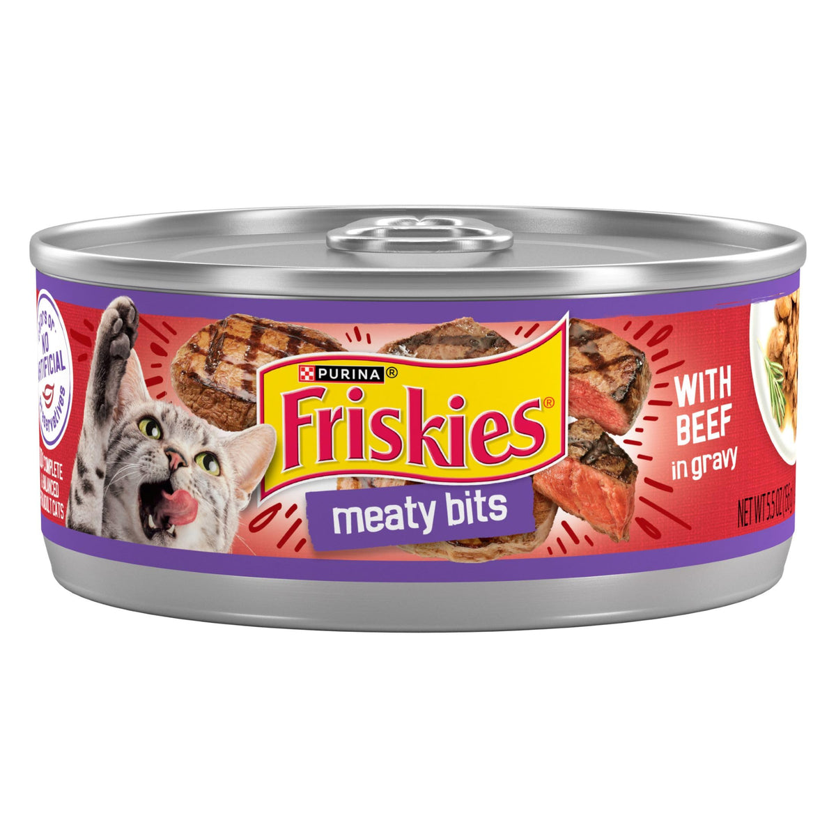 Friskies Meaty Bits with Beef in Gravy can front view with real beef chunks