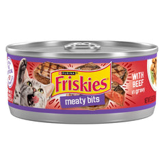 Friskies Meaty Bits with Beef in Gravy can front view with real beef chunks
