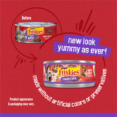 Label close-up on Friskies beef in gravy can highlighting ingredients