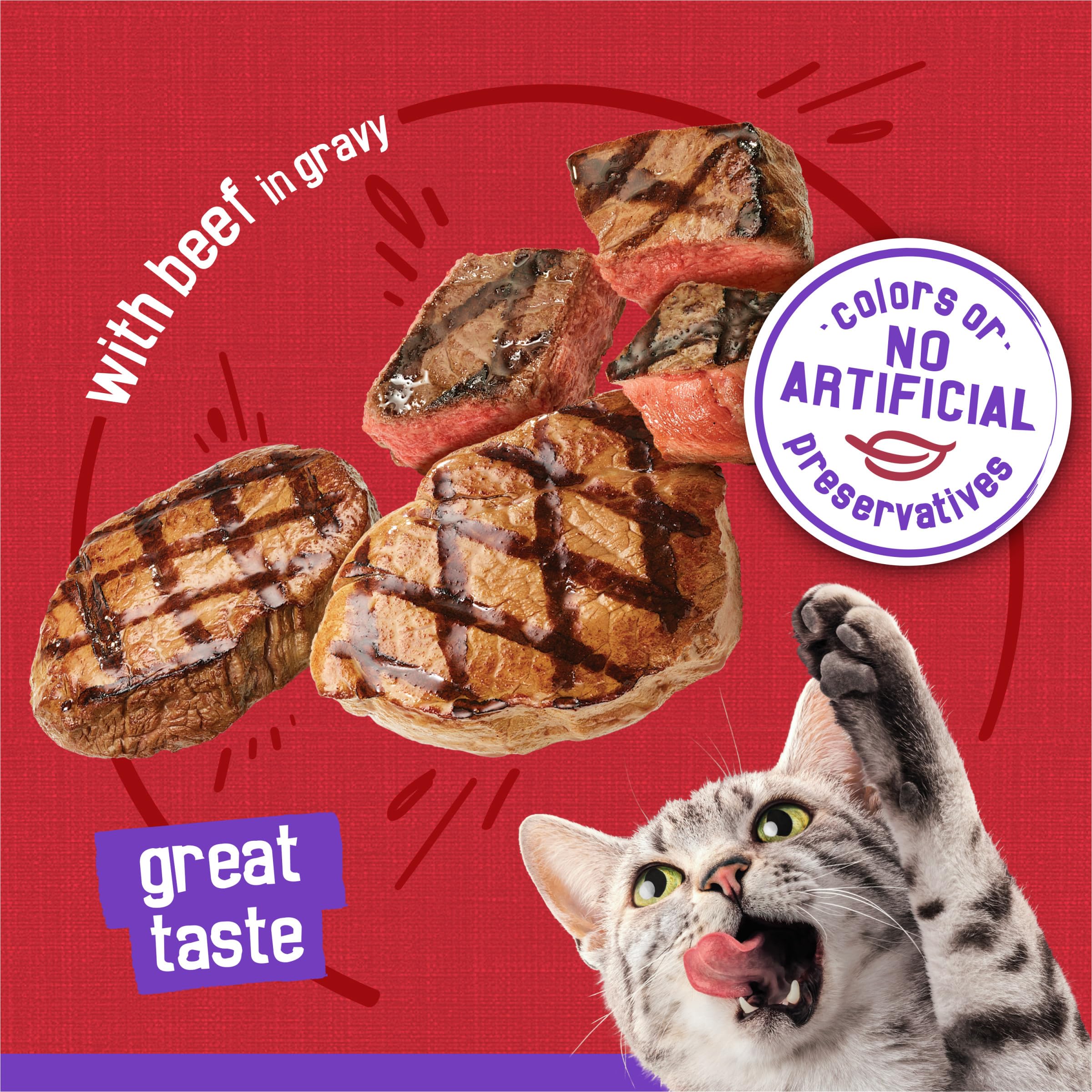 Close-up of tender chunks in Friskies beef in gravy