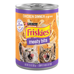 Friskies Meaty Bits Chicken Dinner in Gravy served in a bowl, satisfying multi-cat meals.