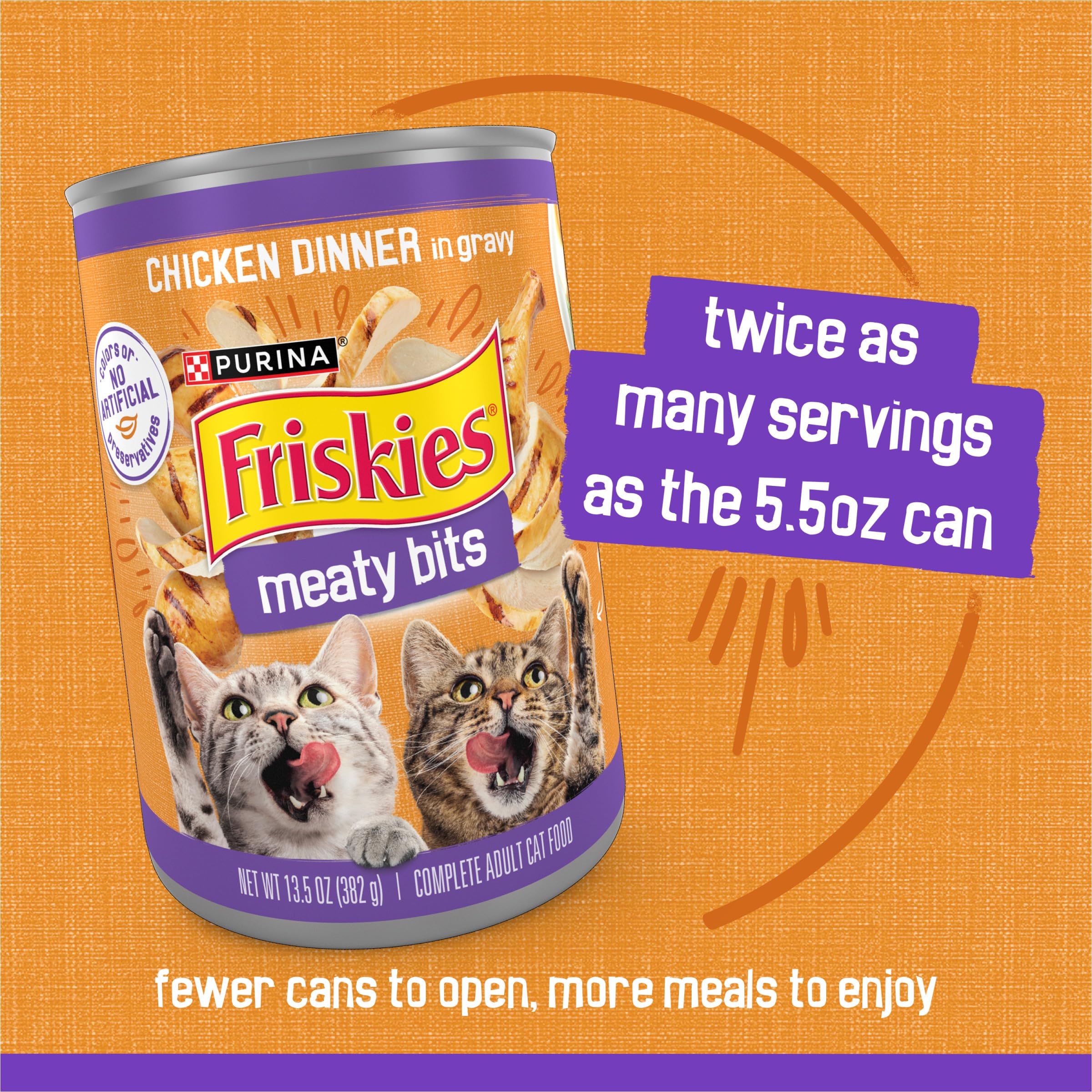 Kitchen-scene with Friskies Meaty Bits emphasizes everyday cat feeding.