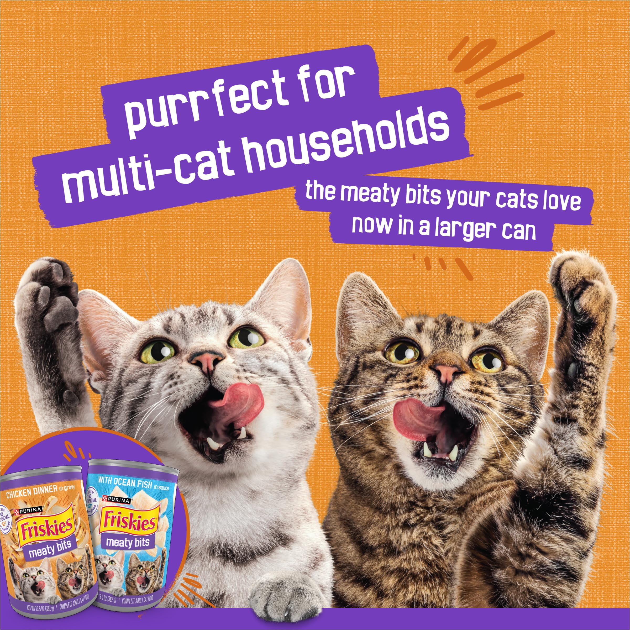 Nutrition label on Friskies Meaty Bits highlights balance for adult cats.