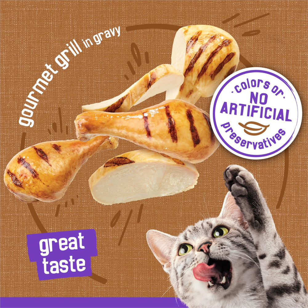 Aromatic Friskies aroma cues a cat to the dish of Meaty Bits Gourmet Grill.