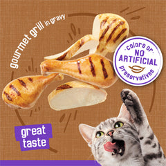 Aromatic Friskies aroma cues a cat to the dish of Meaty Bits Gourmet Grill.