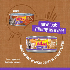 Close-up of Friskies Meaty Bits Gourmet Grill chunks in gravy texture.