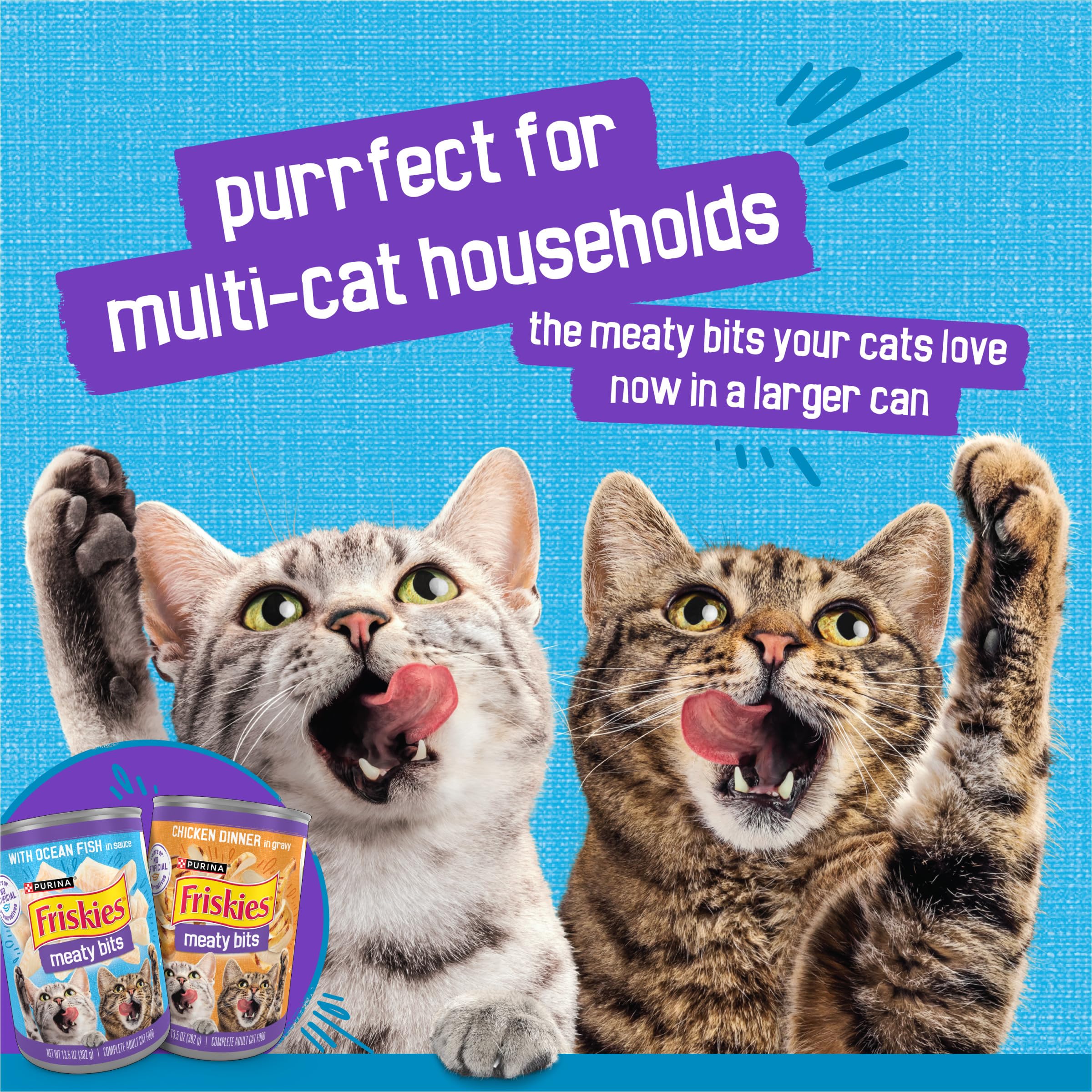 Friskies Meaty Bits Multi-Cat Serving supports shared meals
