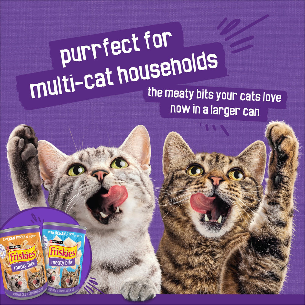 Friskies Meaty Bits provides complete and balanced nutrition for adult cats.