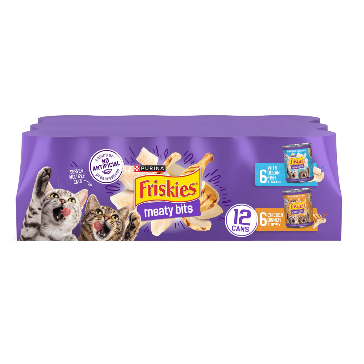 Friskies Meaty Bits Ocean Fish and Chicken Dinner in Gravy pack for multi-cat households.