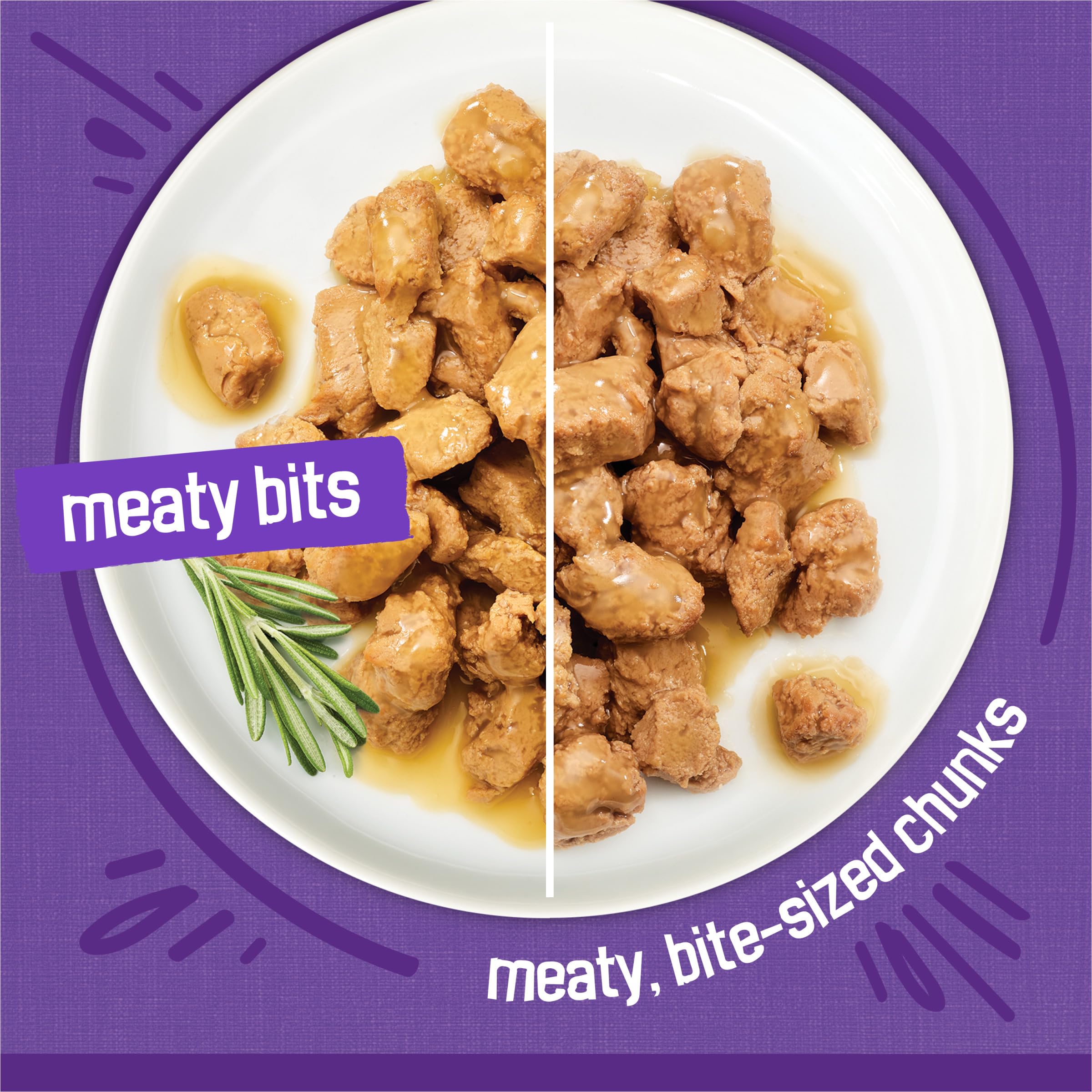 Friskies Meaty Bits Ocean Fish and Chicken Dinner in Gravy close-up of tender chunks your cat loves.