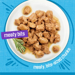 Friskies Meaty Bits Ocean Fish Gravy enhances hydration with tasty sauce