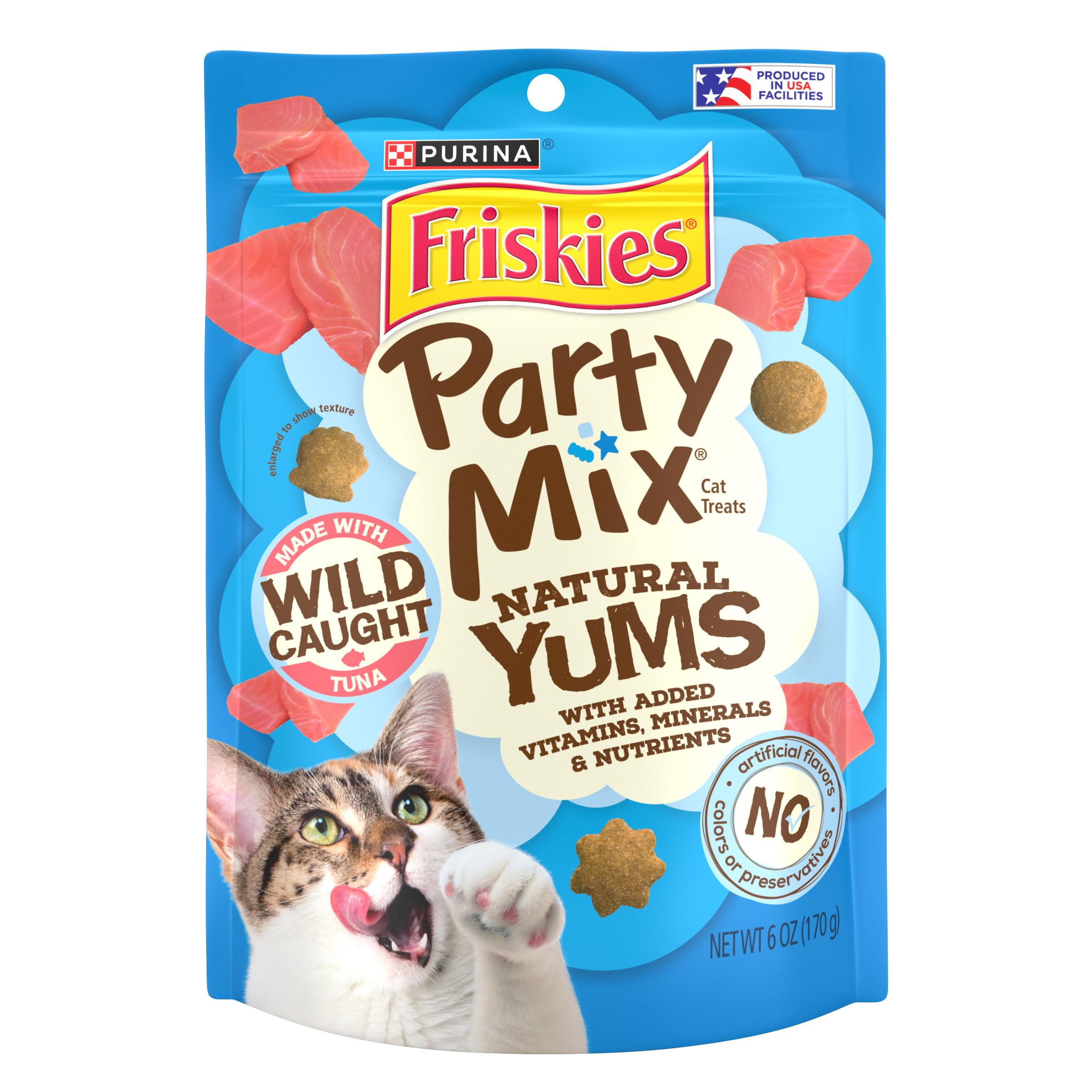 Friskies Natural Yums wild tuna pouch open, crunchy cat snack.