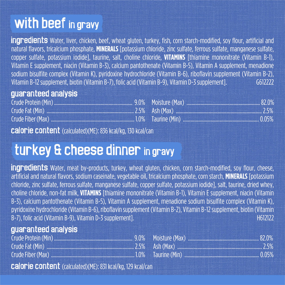 Friskies nutrition label for adult cats and kittens on the pack.