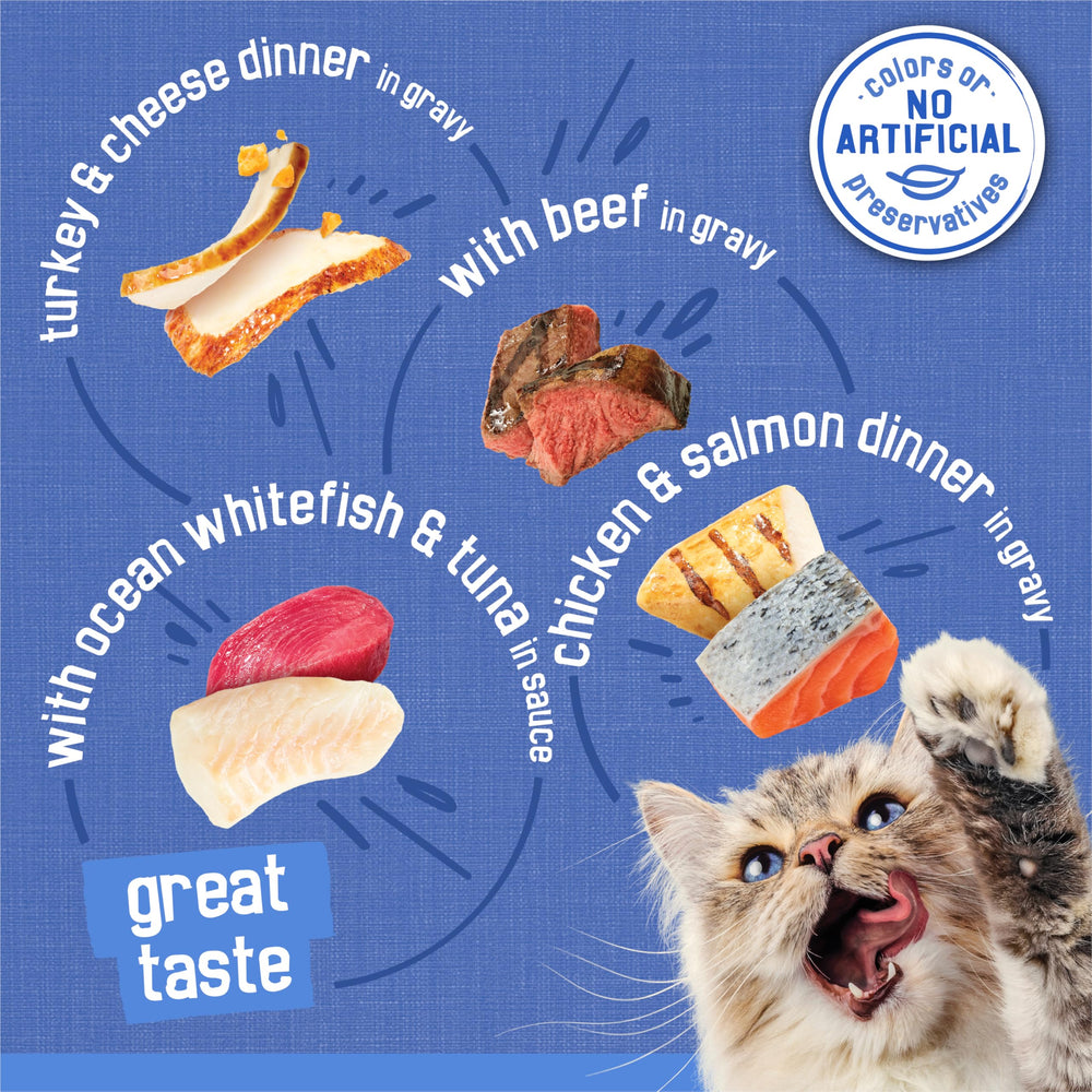 Friskies ocean whitefish and tuna dinner with gravy, seafood flavor blend.