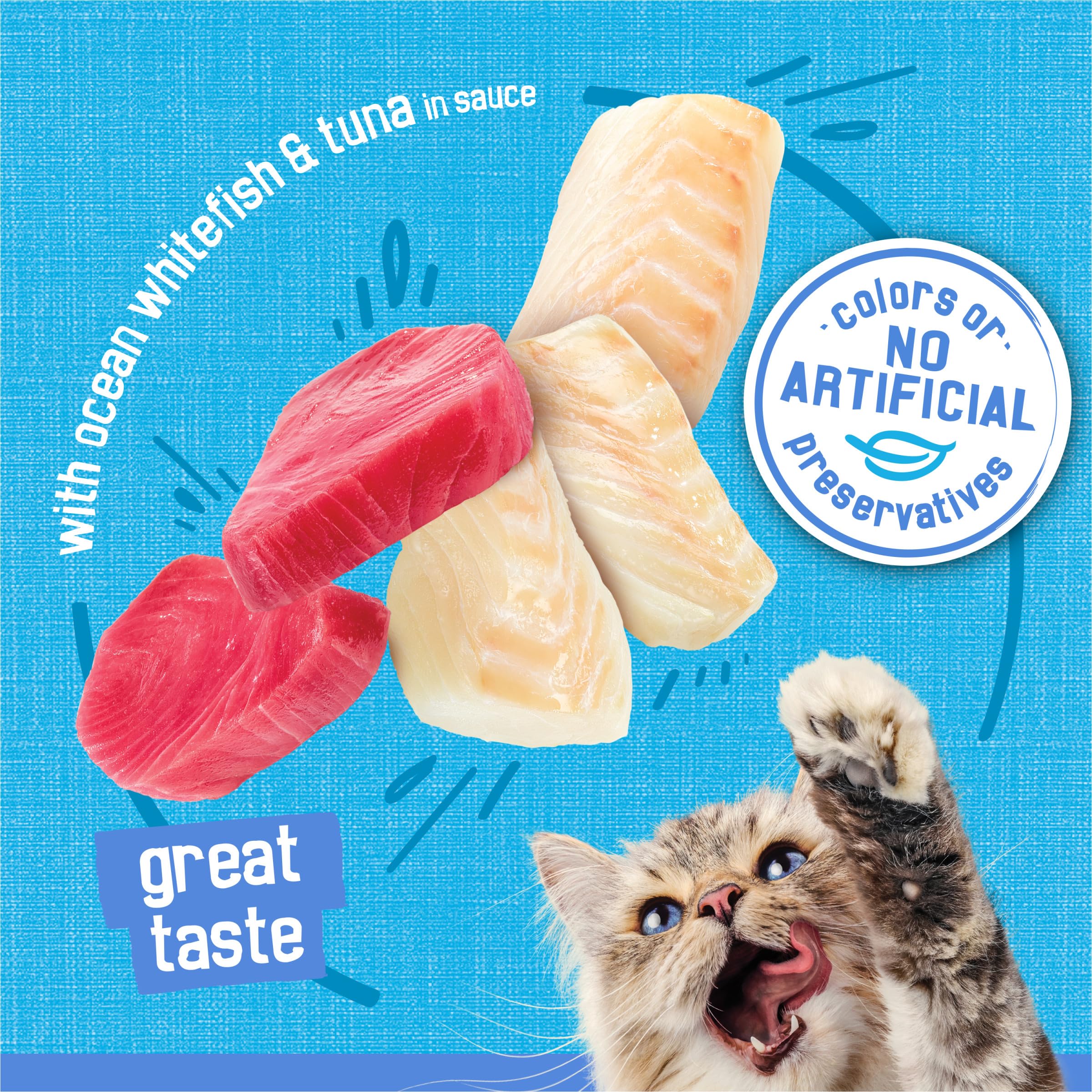 Friskies Ocean Whitefish and Tuna in Sauce aroma serving dish, guiding cats to their meal.