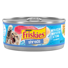 Friskies Ocean Whitefish and Tuna in Sauce can packaging close-up, showcasing real seafood for tasty meals.