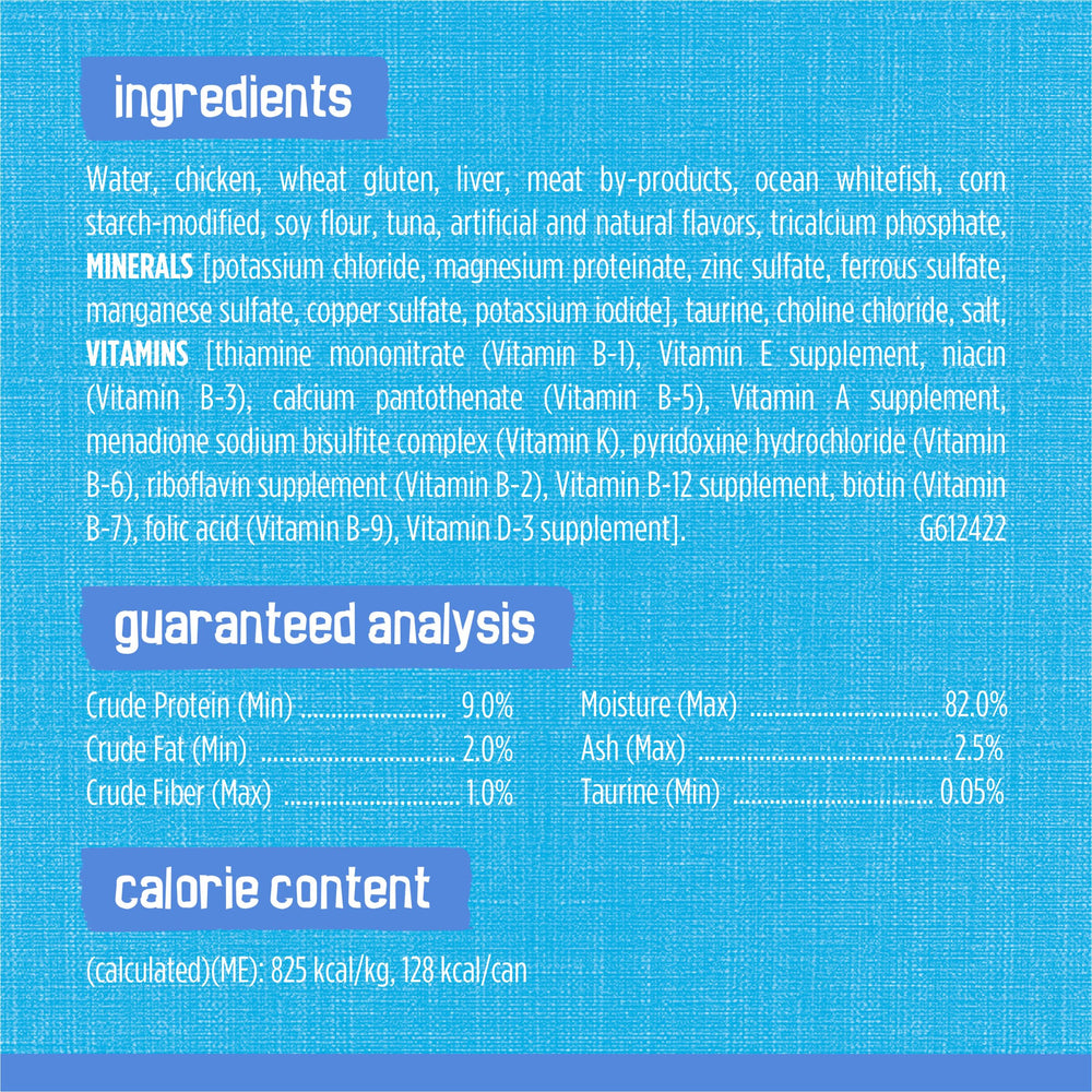 Friskies Ocean Whitefish and Tuna in Sauce kitten-to-adult suitability, soft texture.