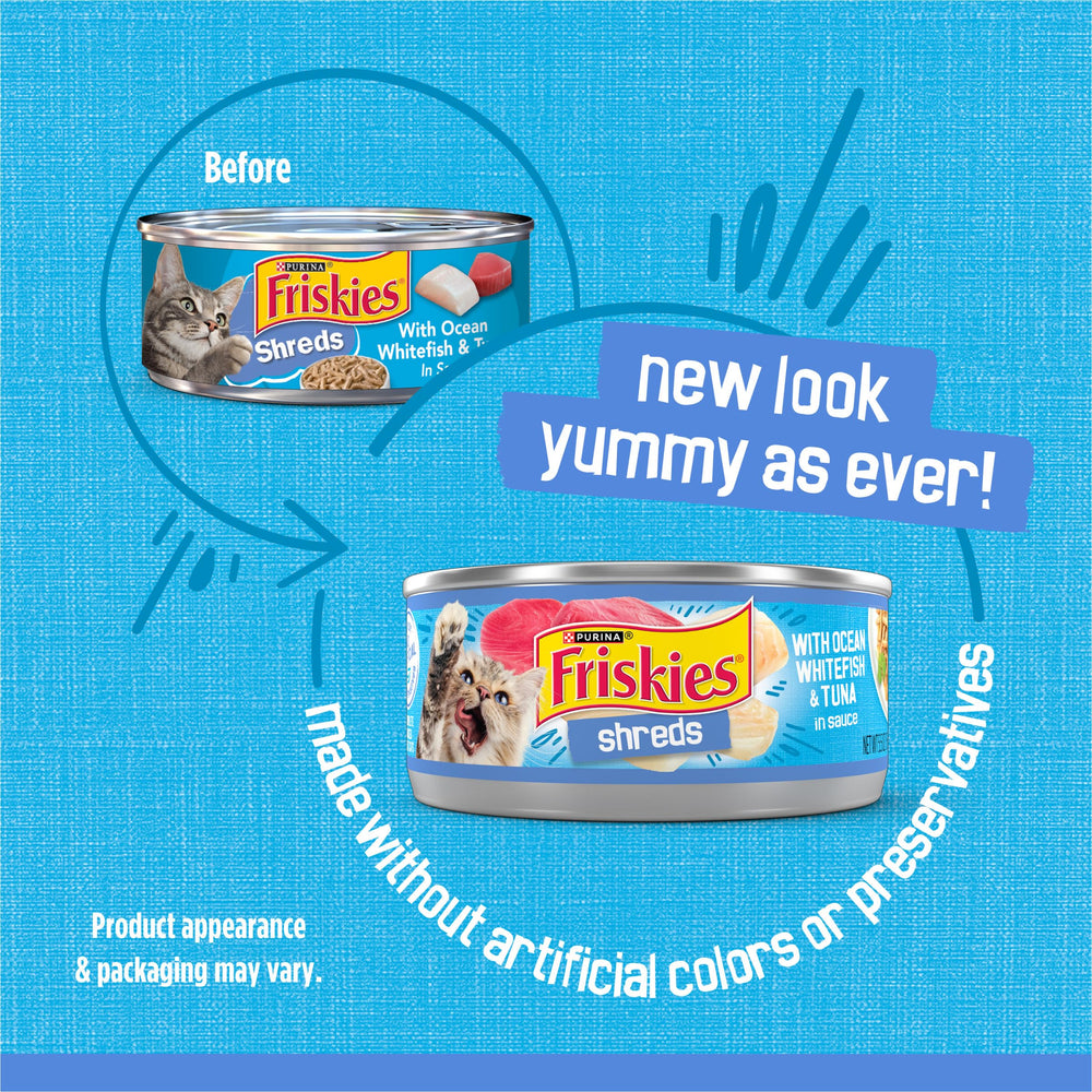 Friskies Ocean Whitefish and Tuna in Sauce shreds texture, enticing your cat with tender bite options.