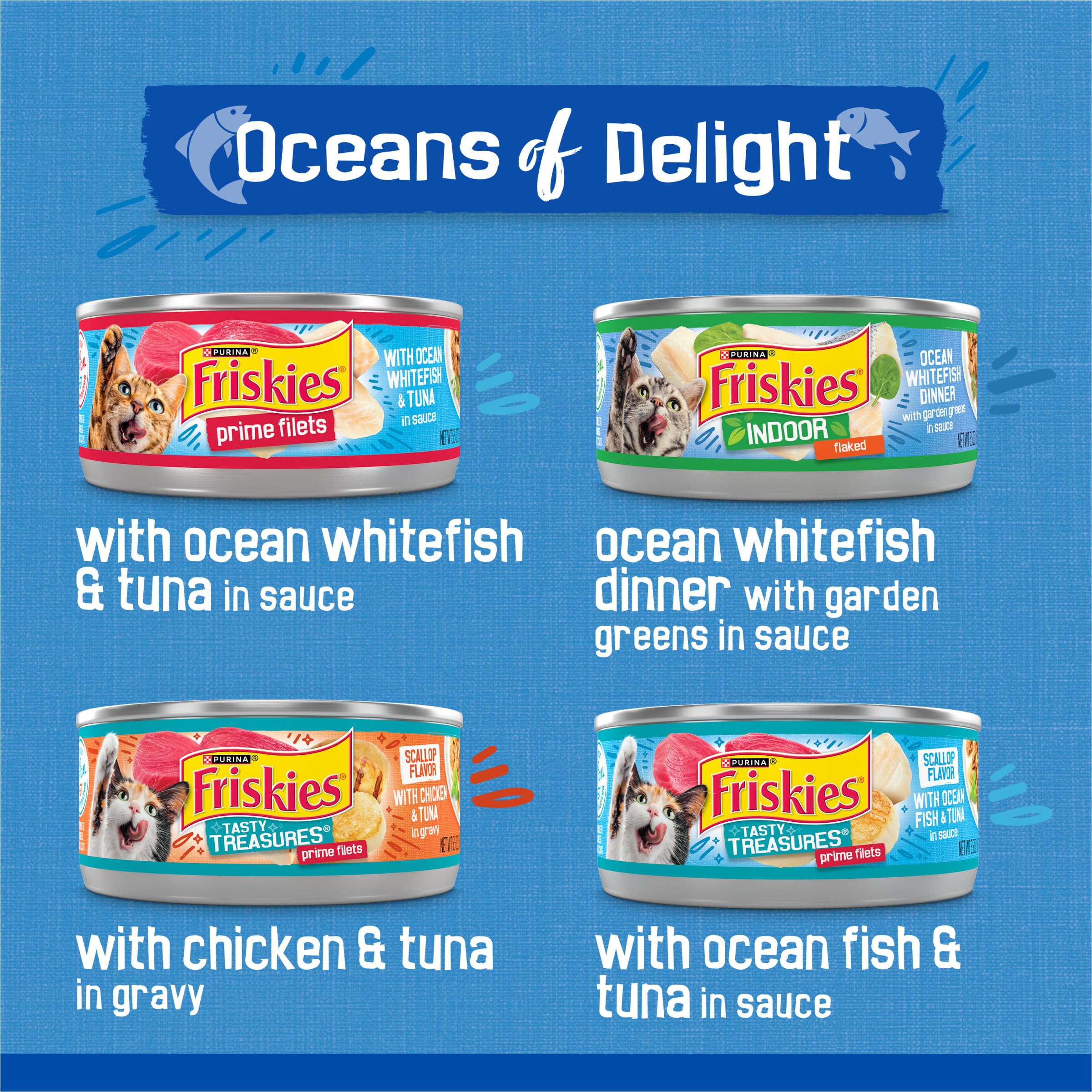 Friskies Oceans of Delight open-can scene highlights savory gravy and juicy chunks.