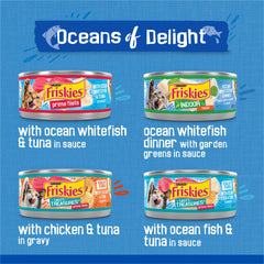 Friskies Oceans of Delight open-can scene highlights savory gravy and juicy chunks.