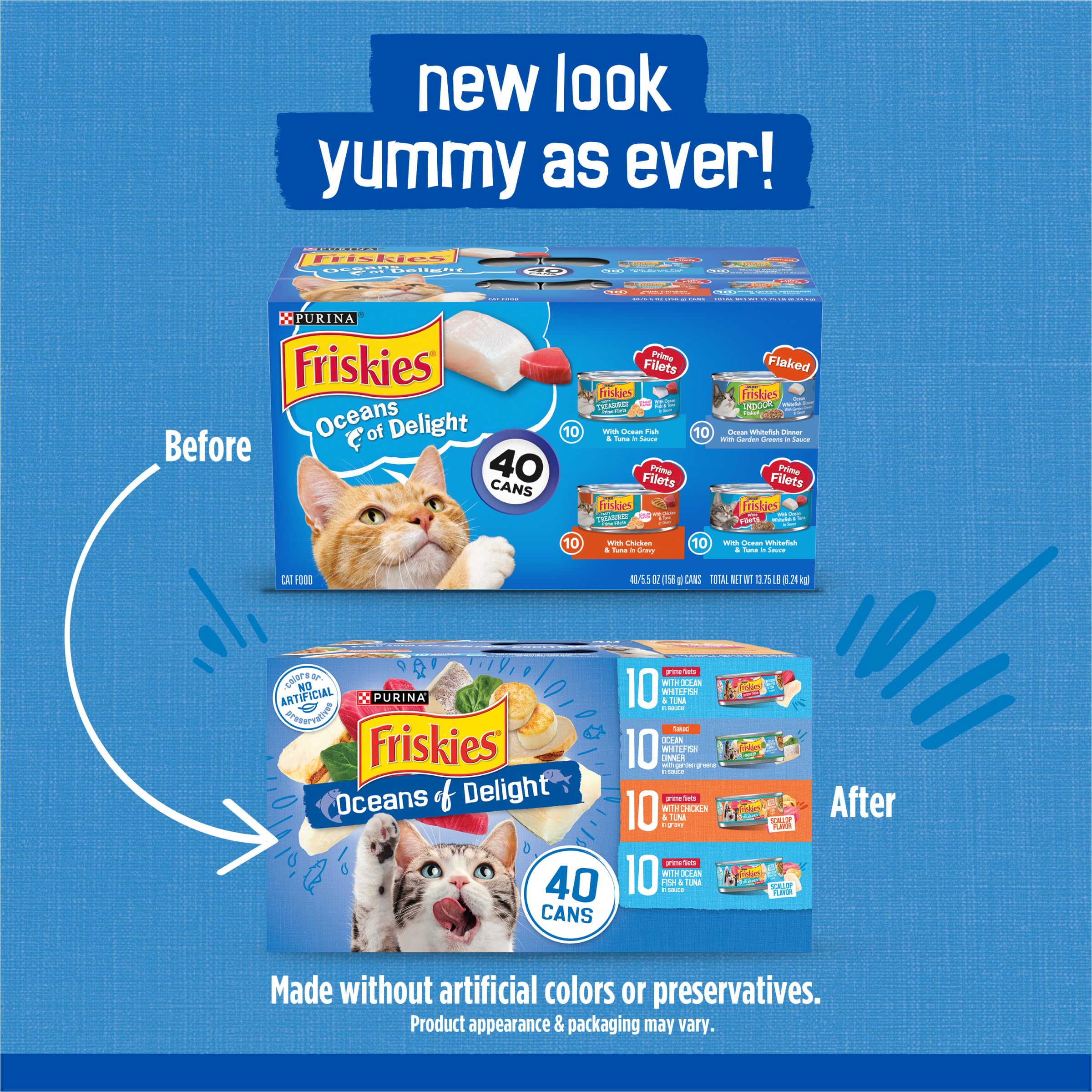 Friskies Oceans Delight pack cans on shelf showing four flavors