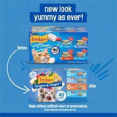 Friskies Oceans Delight pack cans on shelf showing four flavors