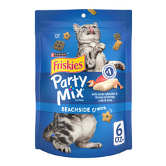 Purina Friskies Party Mix Beachside Crunch 6 oz pouch front, ideal for playful snack time.