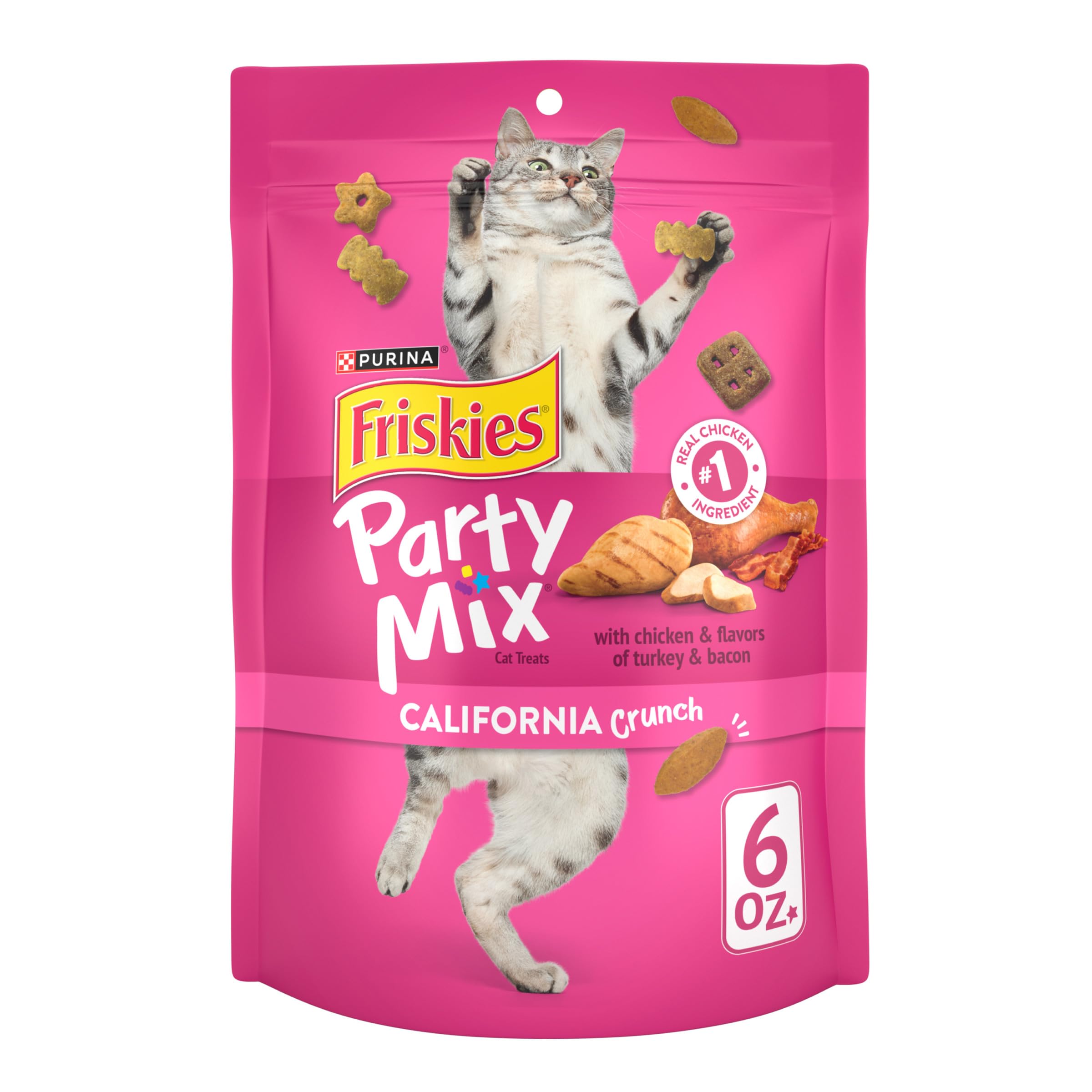 Friskies Party Mix California Crunch chicken bag close-up for quick reward snacks