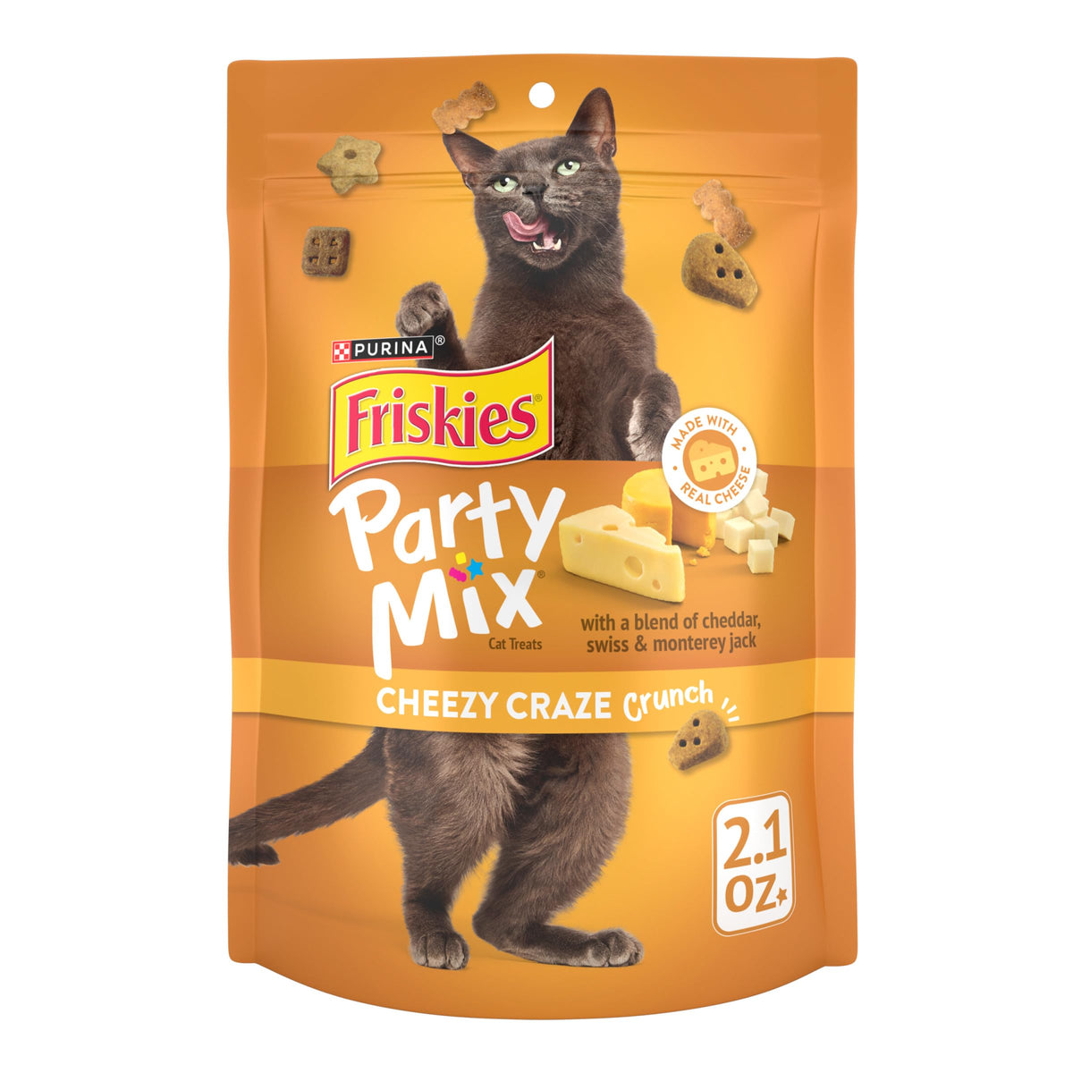 Friskies Party Mix Cheezy Craze Crunch front-pack display highlighting real cheese flavor for cats