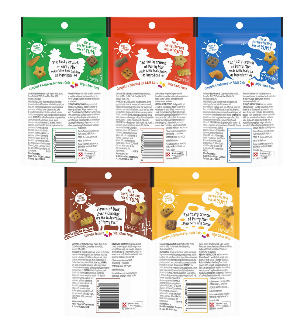 Friskies Party Mix Crunch Cheezy Craze blends cheesy flavor with varied shapes.