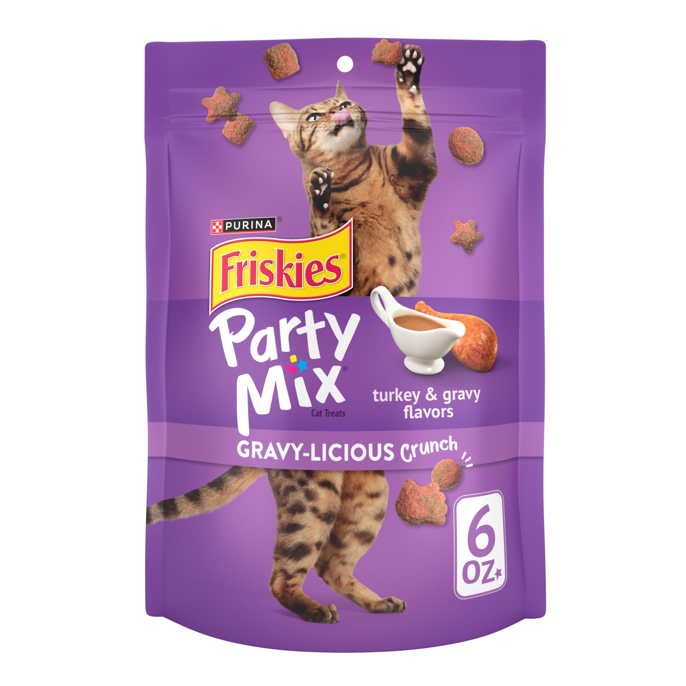 Friskies Party Mix Crunch Turkey Gravy pouch preserves freshness with resealable packaging.