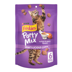 Friskies Party Mix Crunch Turkey Gravy pouch preserves freshness with resealable packaging.