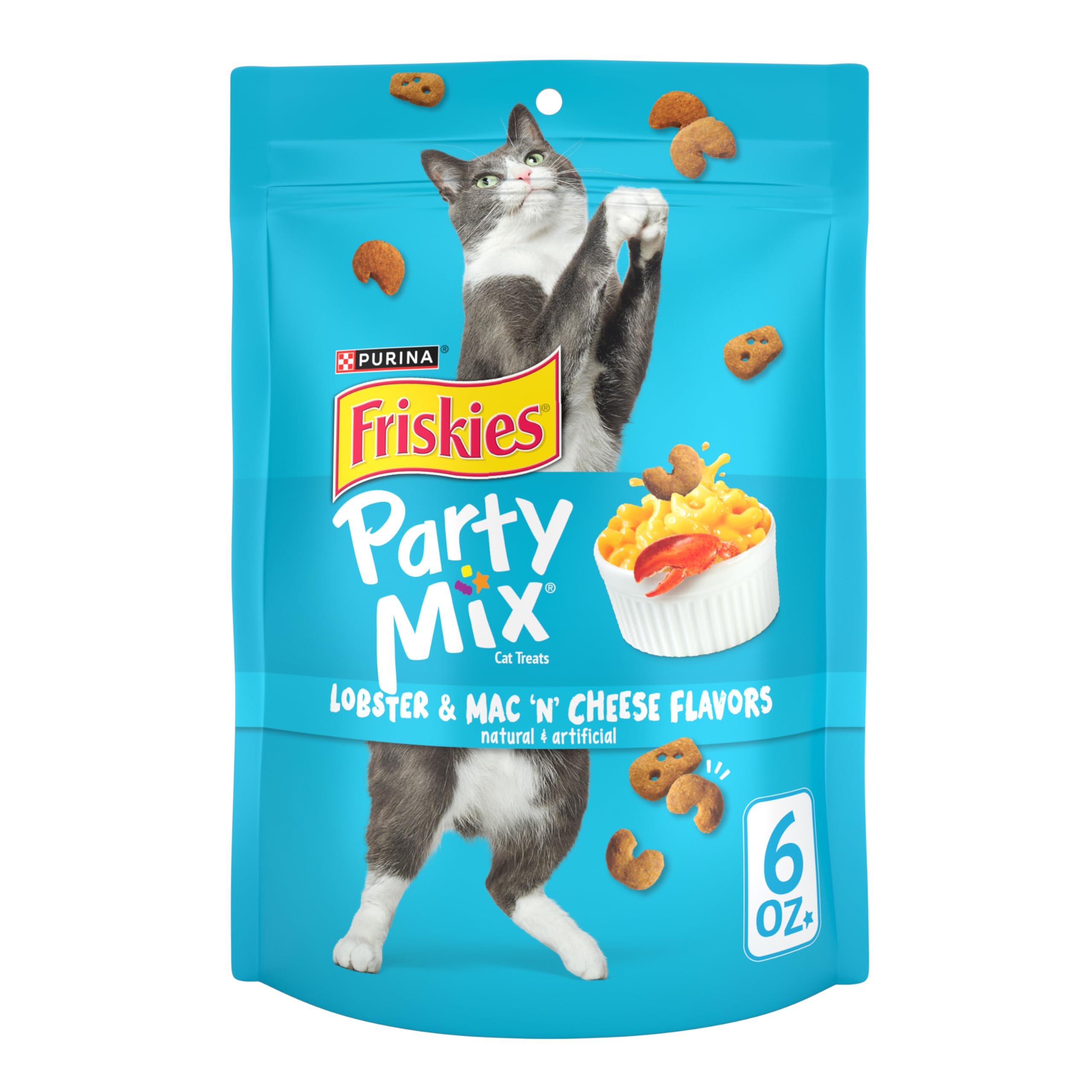 Friskies Party Mix Lobster Mac N Cheese treats show a crunchy exterior with a tender center.