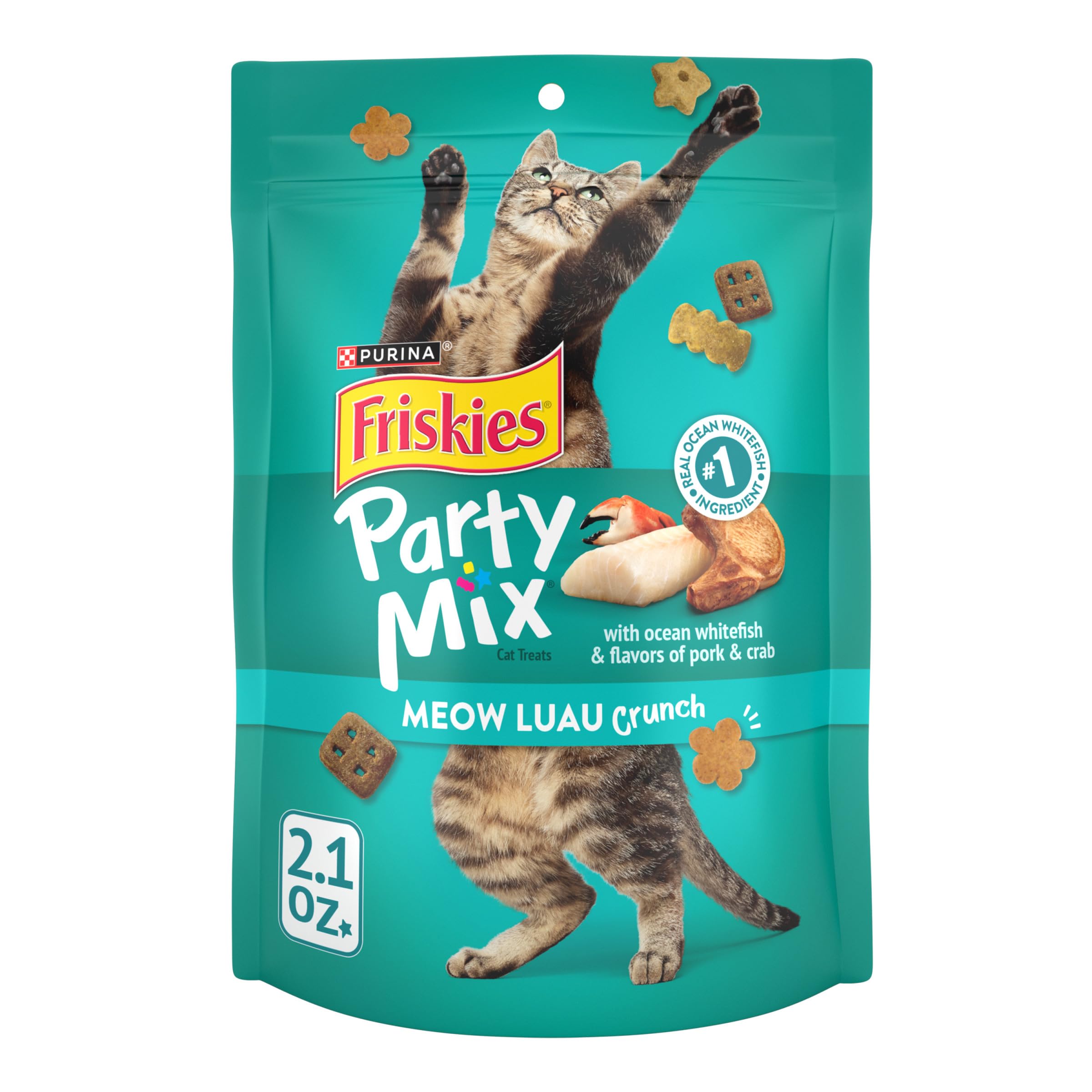 Friskies Party Mix Meow Luau Crunch pack front view, ideal daily cat treats.