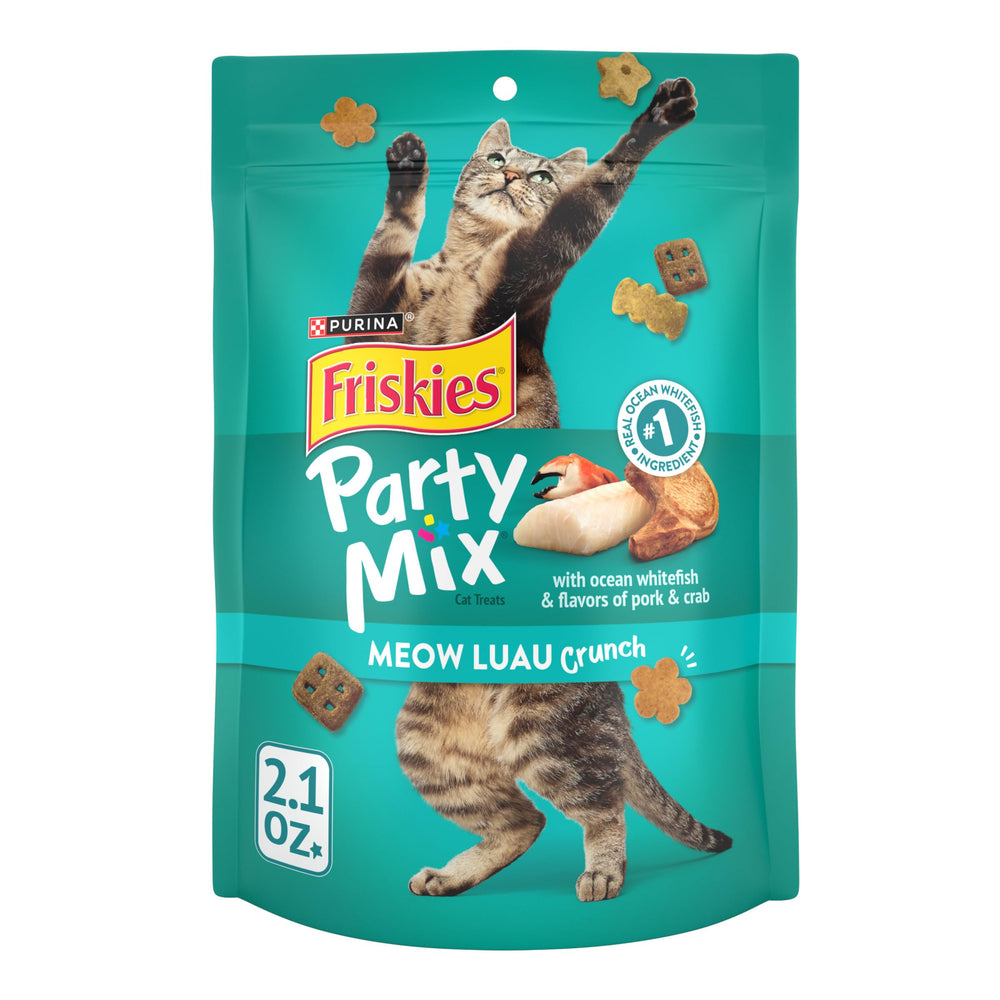 Friskies Party Mix Meow Luau Crunch pack front view, ideal daily cat treats.
