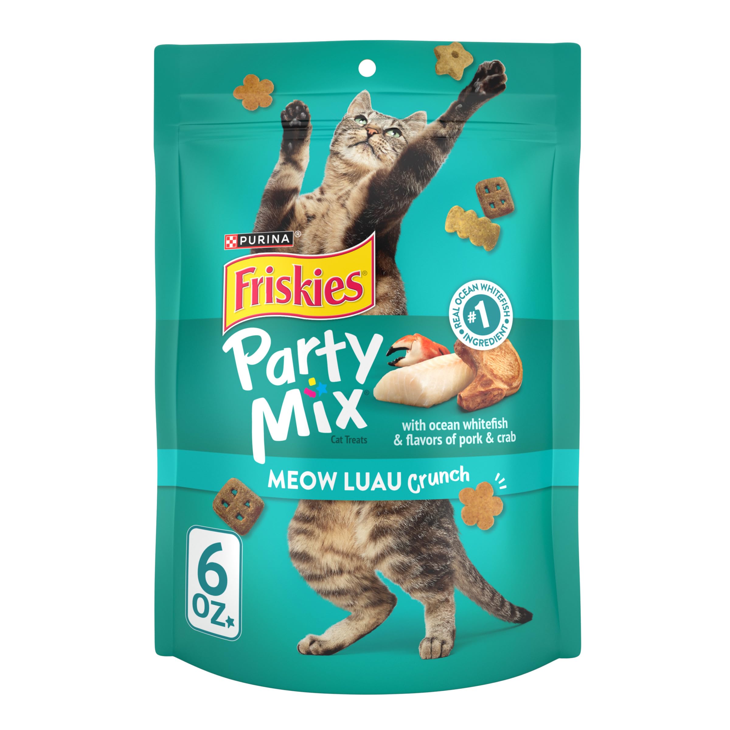 Friskies Party Mix Meow Luau Crunch pouch front designed for adult cats