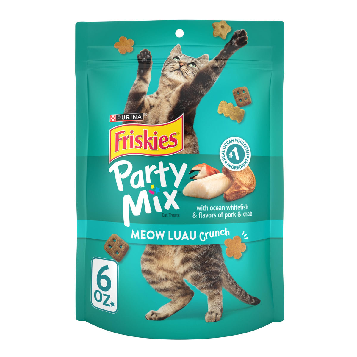 Friskies Party Mix Meow Luau Crunch pouch front designed for adult cats