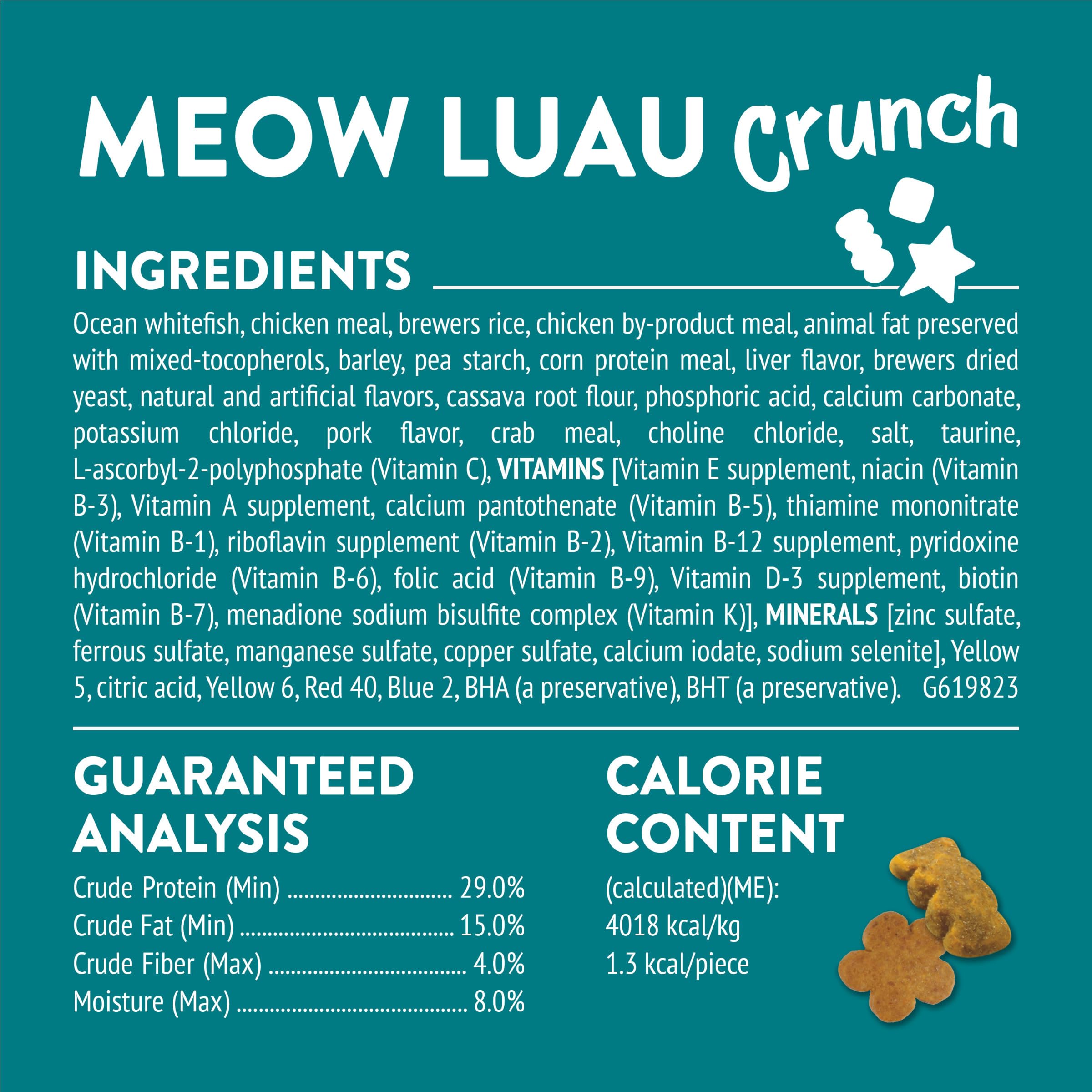 Friskies Meow Luau Crunch resealable pack keeps treats fresh between servings.