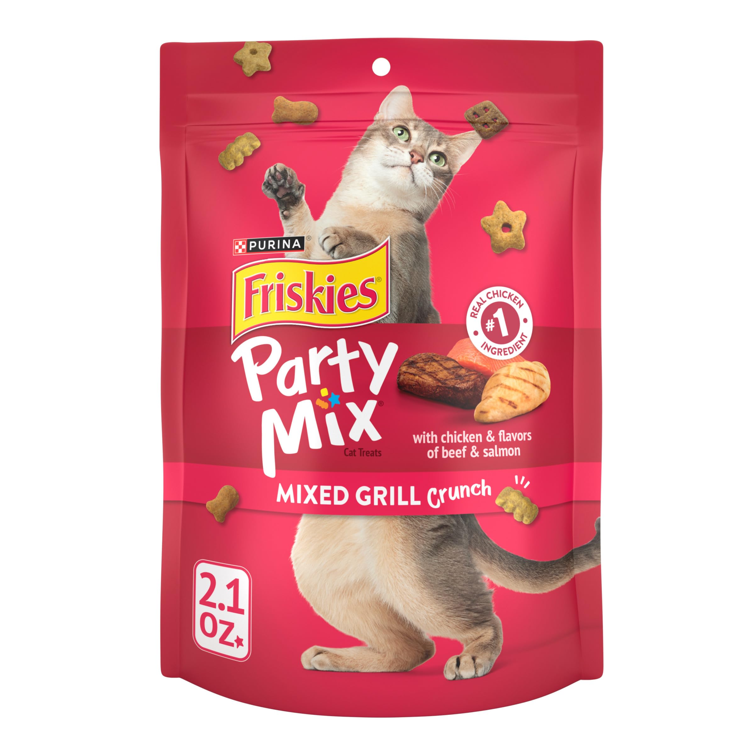 Friskies Party Mix Mixed Grill Crunch cat treats bag close-up, crunchy texture for tooth cleaning.