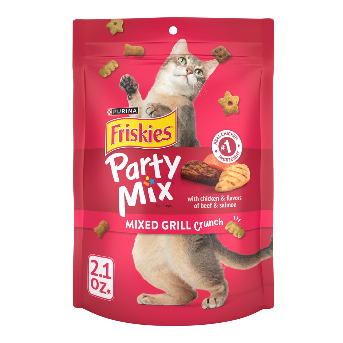 Friskies Party Mix Mixed Grill Crunch cat treats bag close-up, crunchy texture for tooth cleaning.