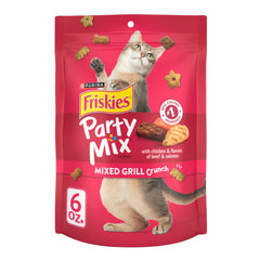 Friskies Party Mix Mixed Grill Crunch treats in six-pack pouches for quick rewards.