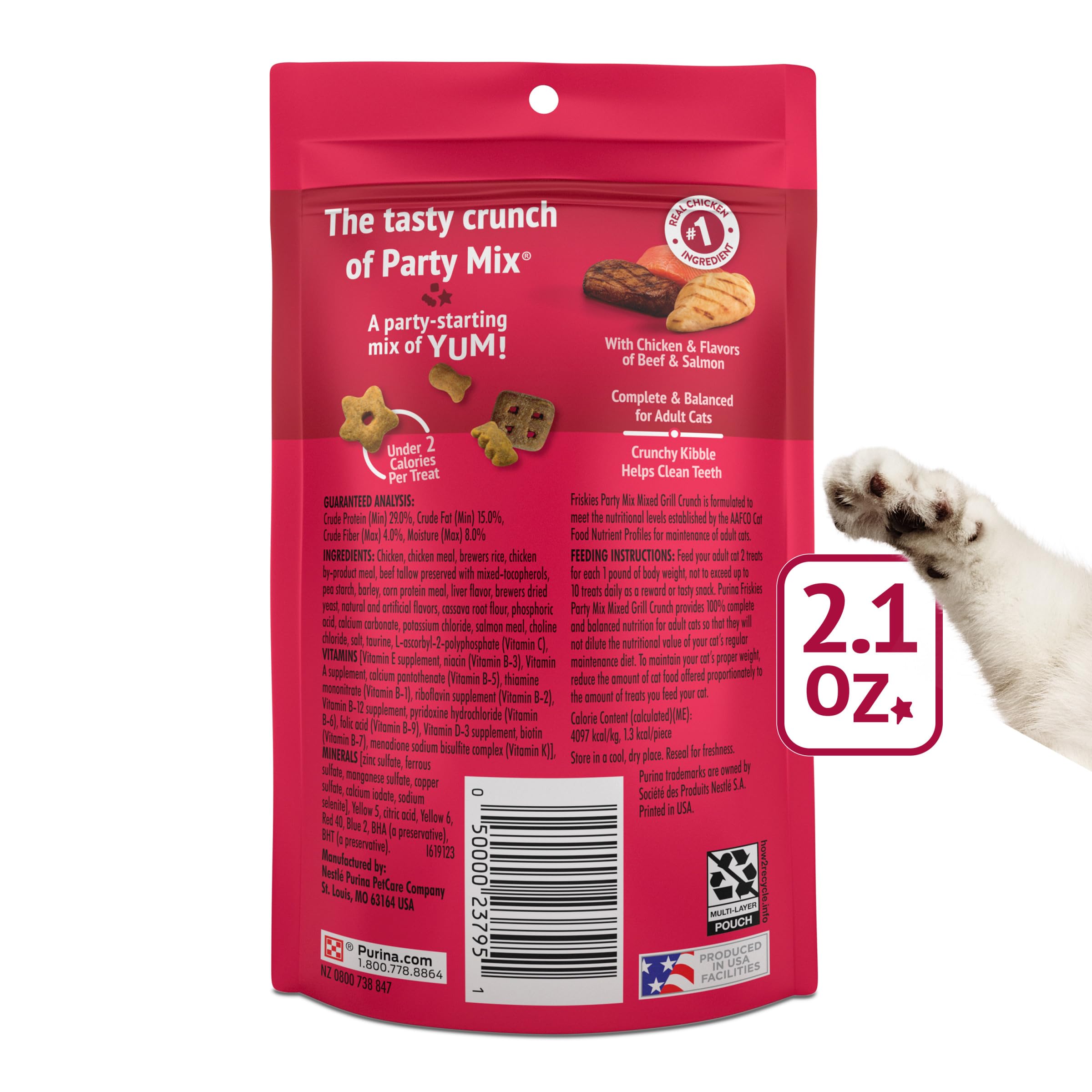Friskies Party Mix Crunch cat treats under 2 calories per piece for guilt-free snacking.