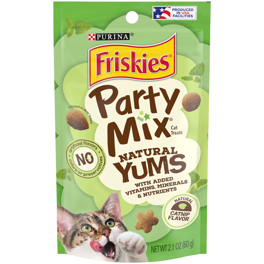 Friskies Party Mix Natural Yums catnip flavor pack of 10 pouches for easy rewards.