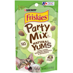 Friskies Party Mix Natural Yums catnip flavor pack of 10 pouches for easy rewards.