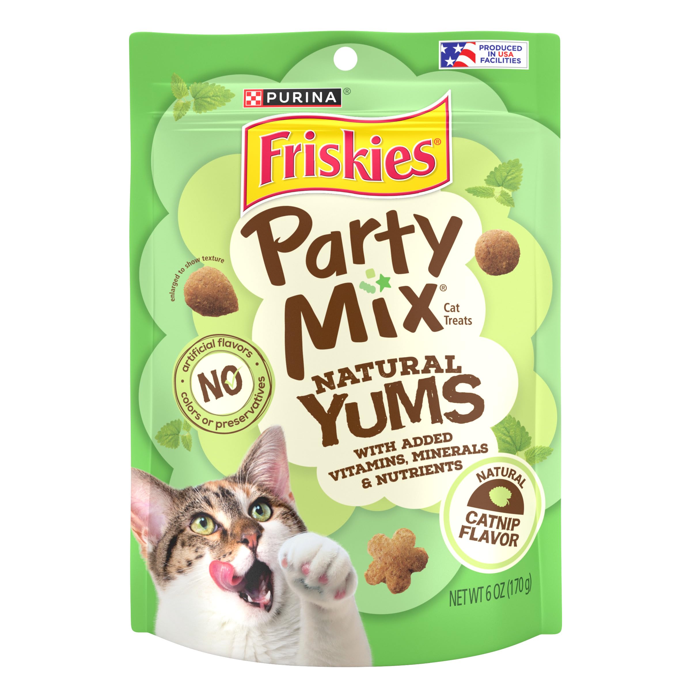 Friskies Party Mix Natural Yums Catnip Flavor six-pack pouches for rewarding adult cats