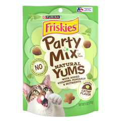 Friskies Party Mix Natural Yums Catnip Flavor six-pack pouches for rewarding adult cats