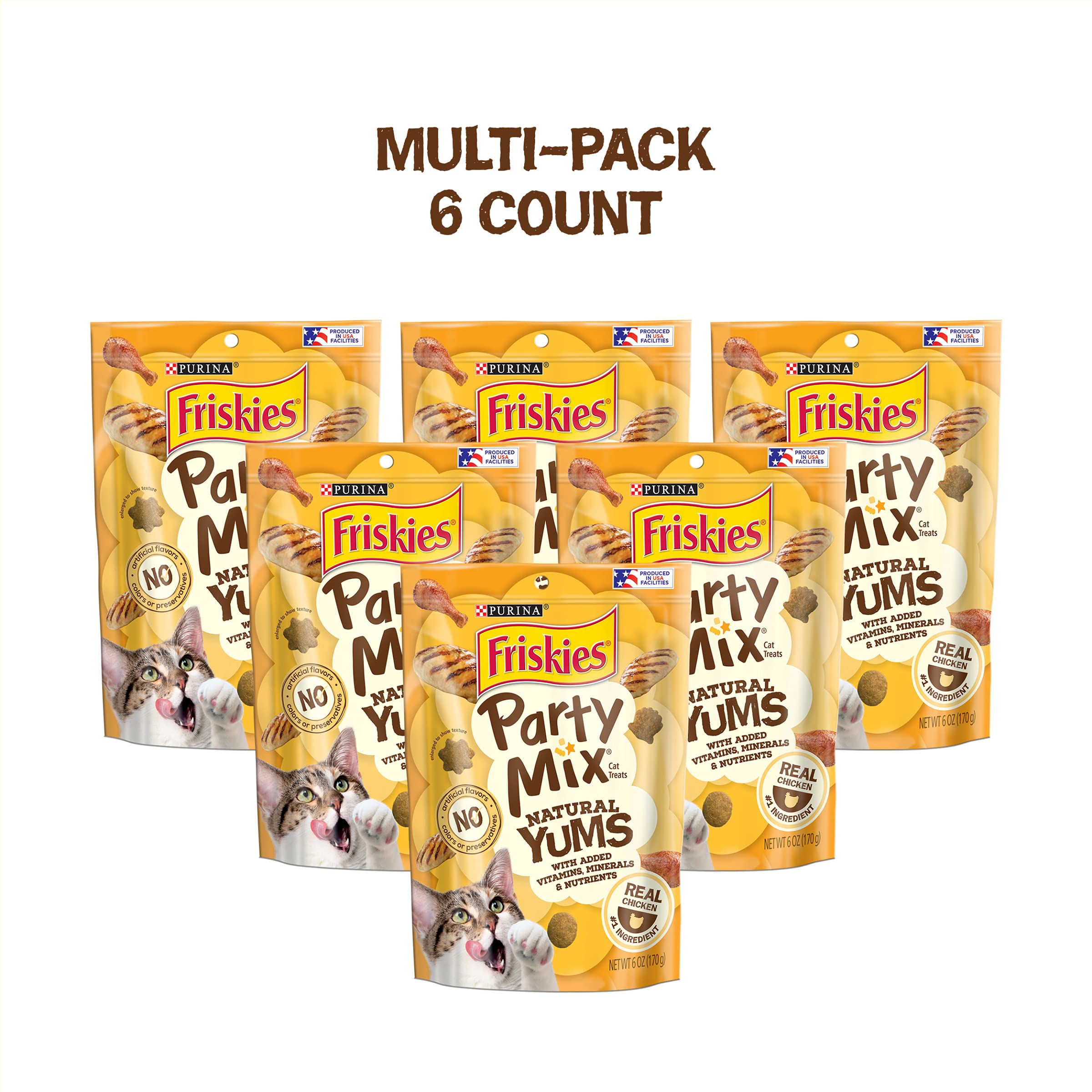Friskies Party Mix Natural Yums' crunchy shapes engage cats during treat time.