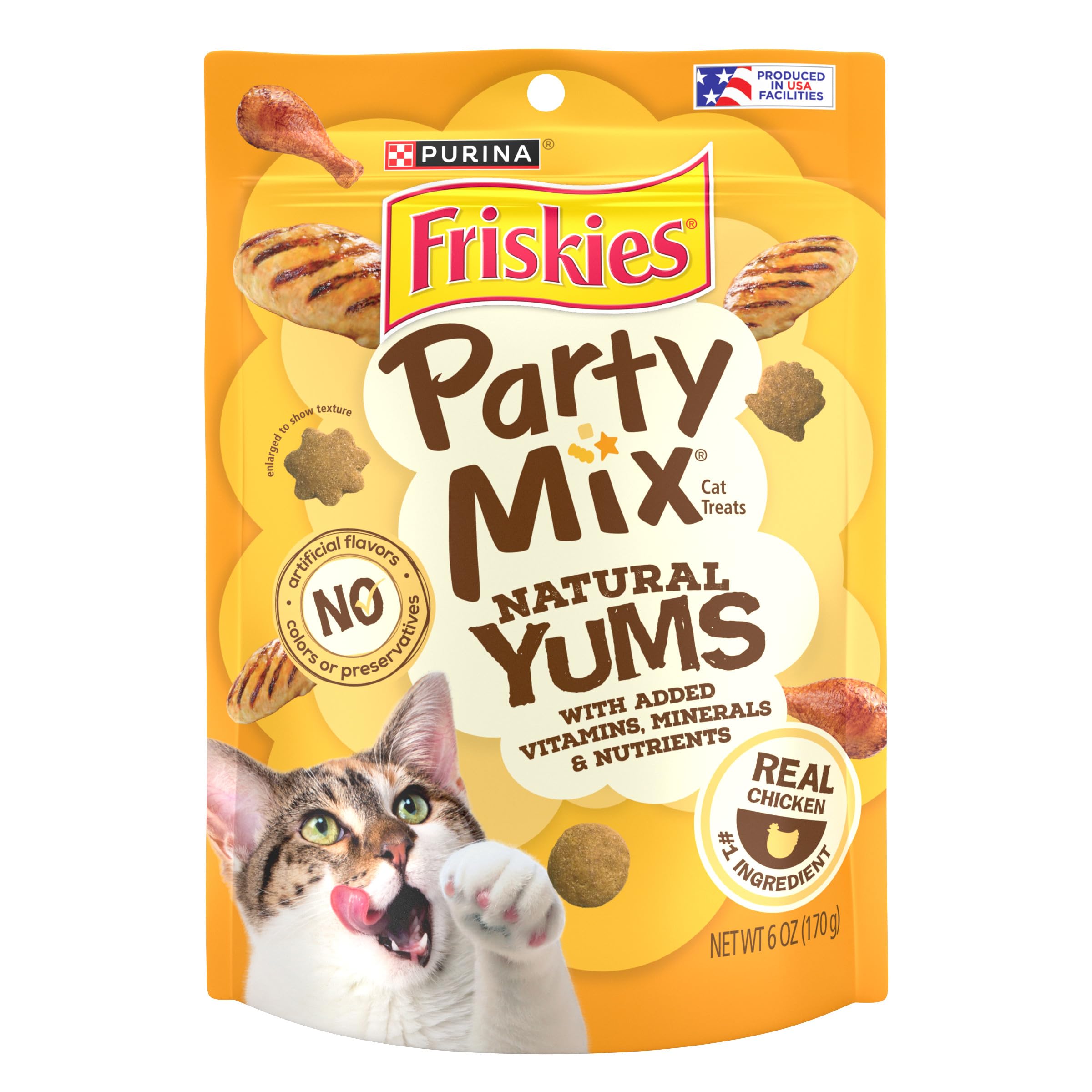 Friskies Party Mix Natural Yums with Real Chicken 6oz pouch offers a tasty protein snack.