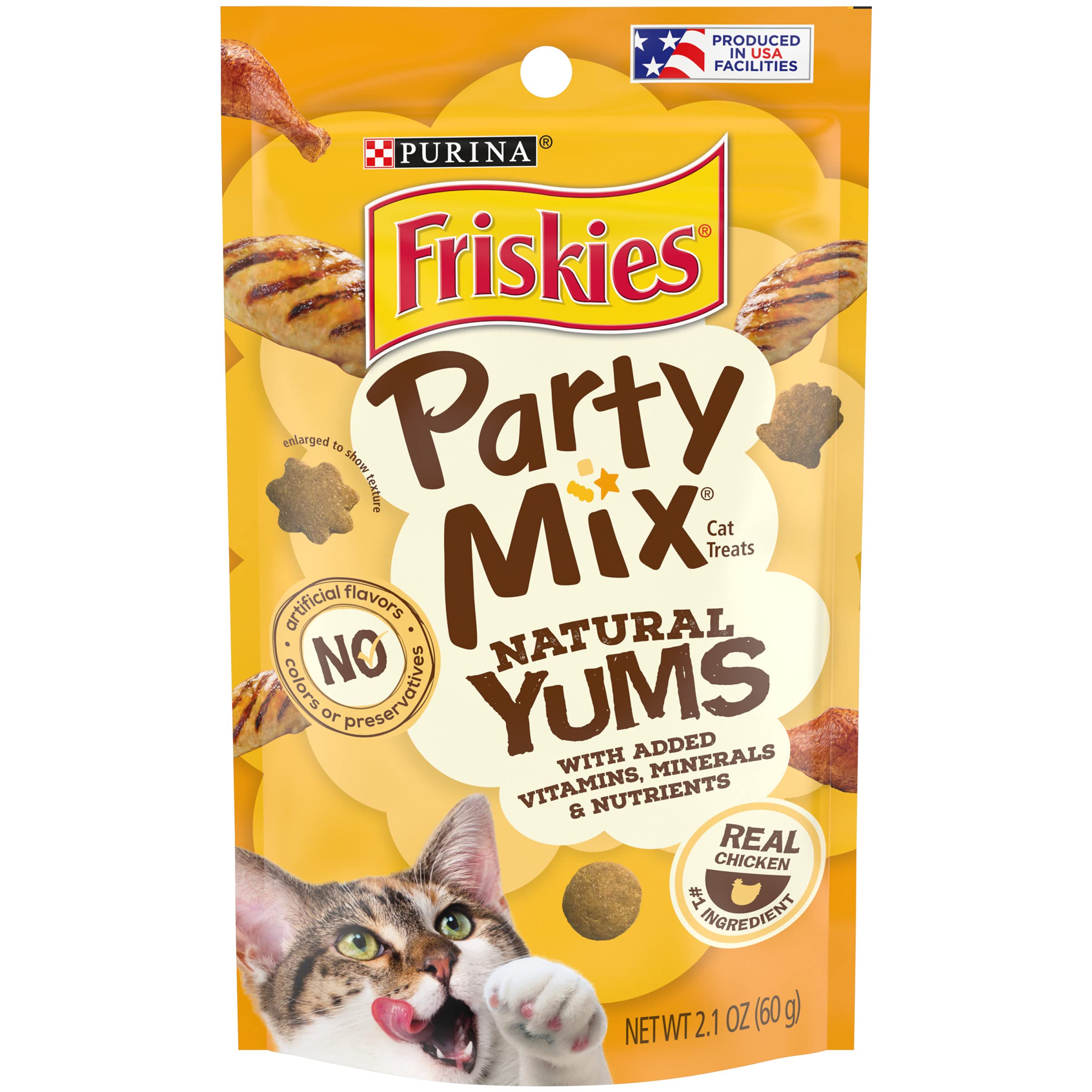 Friskies Natural Yums real chicken packaging label highlighting ingredient quality.