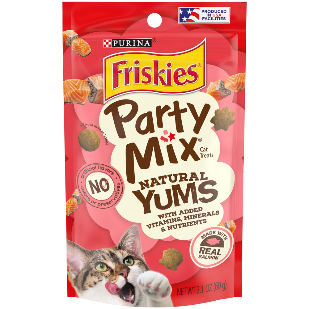 Friskies Party Mix Natural Yums with Real Salmon pack shot for a tasty between-meal treat.
